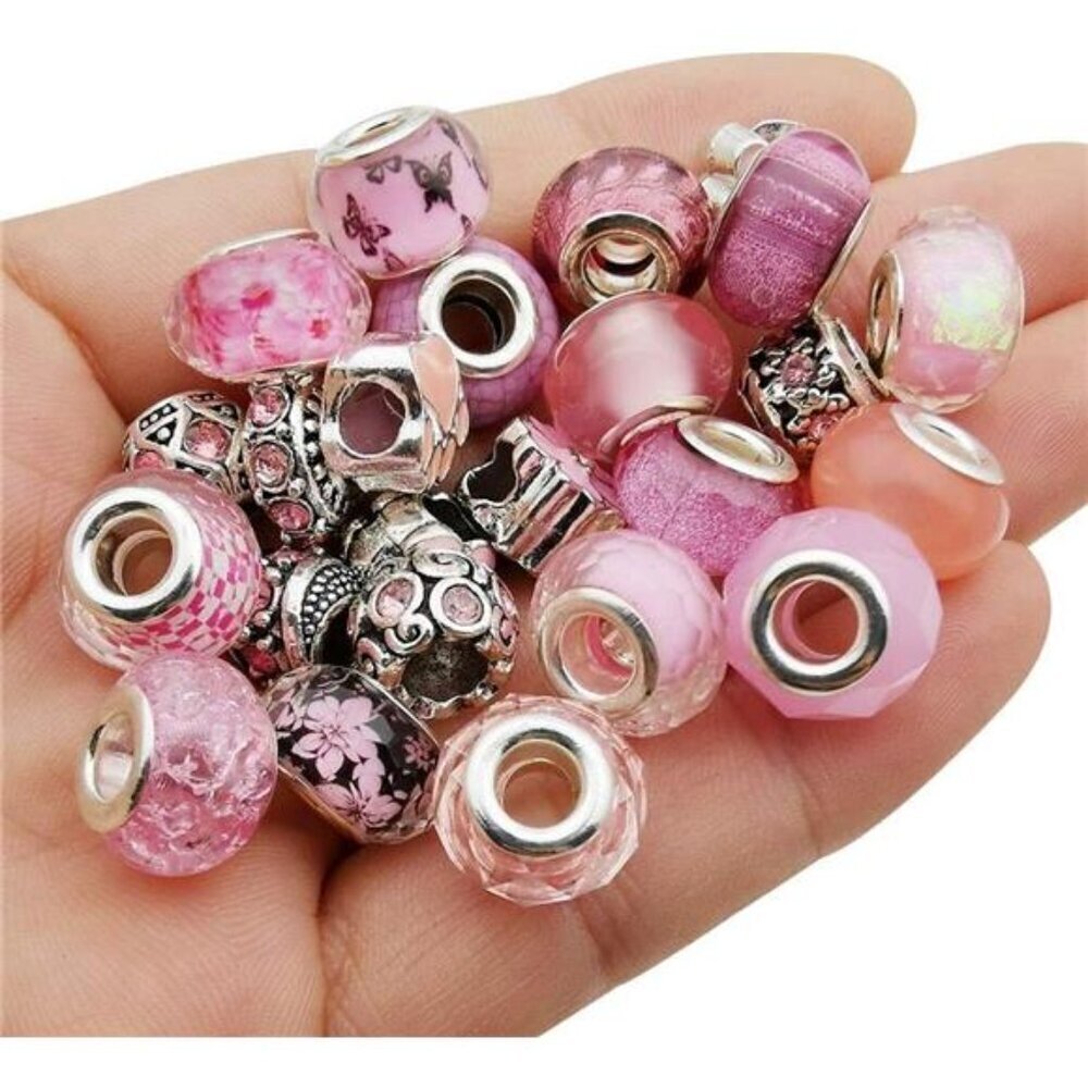 50pcs Pink European Large Hole Beads Resin Rhinestone Metal Spacer Charms DIY